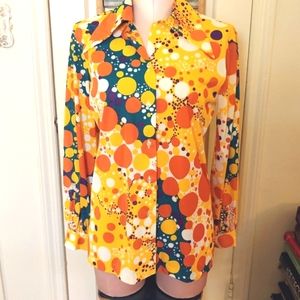 Top Vintage Long Sleeve Mod Blouse Patterned Shirt Yellow Orange